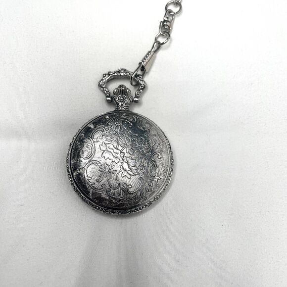 Milan Quartz Silver & Gold Tone Tractor Pocket Watch w/ Chain - Picture 4 of 5
